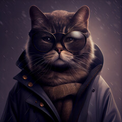 chic cat charisma wearing coat, wearing sunglasses, funny, fashion, pic as wallpaper, poster, t shirt and others
