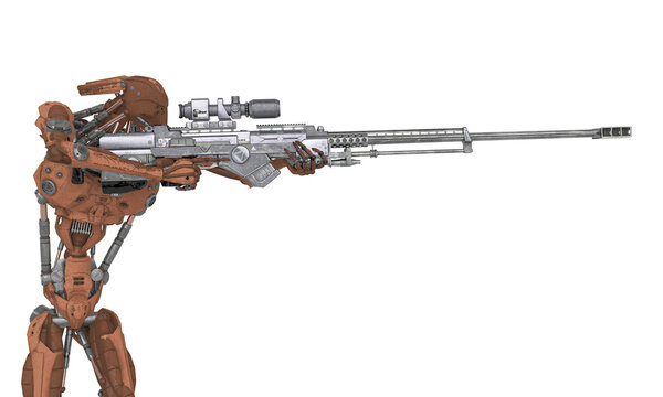 mechanical soldier is holding a rifle on sniper view