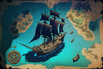 Naklejka premium Pirate treasure map with pirate ship and sea. Generate AI