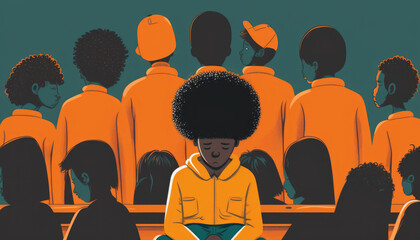 A classroom of diverse students with a young sad afro boy due to bullying sitting among his peers, all focused intently on their studies. Generative AI - 572758358