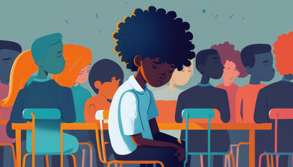 A classroom of diverse students with a young sad afro boy due to bullying sitting among his peers, all focused intently on their studies. Generative AI - 572758366