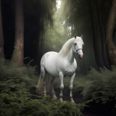 White horse in the field. Generative AI
