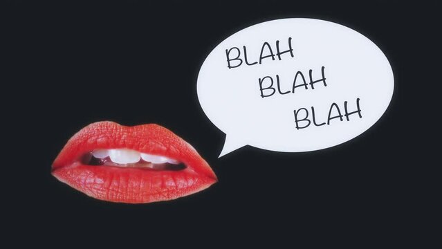 Mouth Talking Speech Bubble Blah Message Funny Motion Background. Female mouth wearing lipstick talking with a speech bubble showing blah blah blah. Motion background