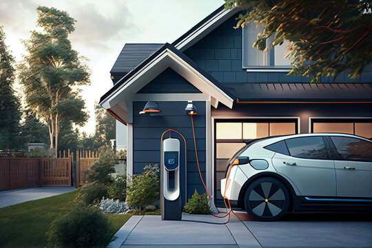 EV car and home charging station powered by sustainable and clean energy with zero CO2 emission for green environmental. Electric vehicle recharging at home charging station. Generative AI