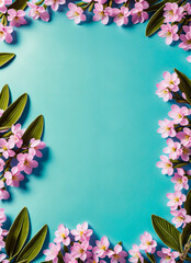 Beautiful pink spring flower blossoms framing cyan blue colored background. Flat lay. Large copy space backdrop. Generative AI