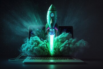 Illustration of rocket taking off from laptop screen. Generative AI