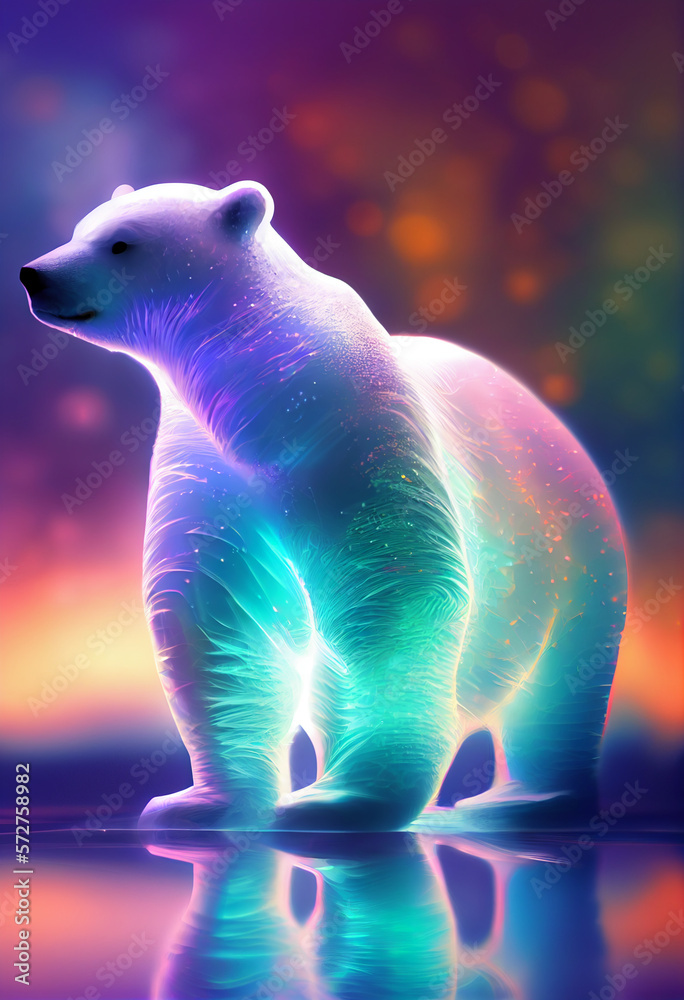 Poster beautiful silhouette polar bear on a bright bokeh background. generative ai technology.