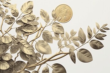 Branch with golden coins, white background. Generative AI