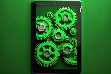 Gears illustration on tablet screen, green background. Generative AI