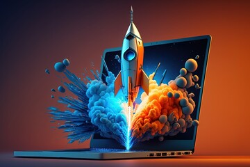 Illustration of rocket taking off from laptop screen. Generative AI