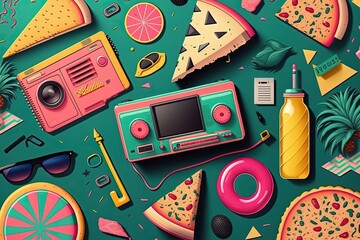 Background with objects and electronics from the 80s and 90s, retro. Generative AI
