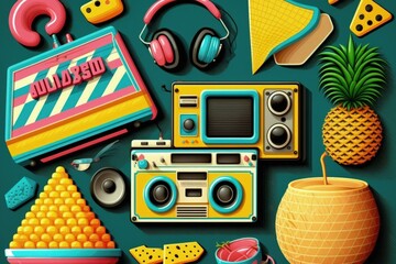 Background with objects and electronics from the 80s and 90s, retro. Generative AI