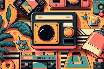 Obraz premium Background with objects and electronics from the 80s and 90s, retro. Generative AI