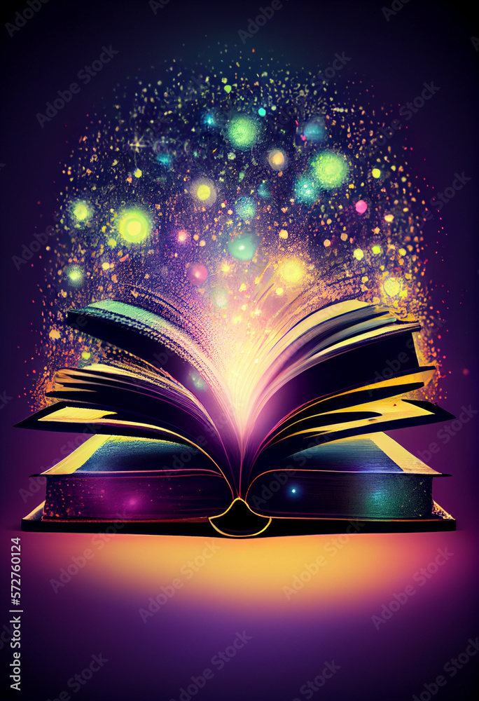 Poster beautiful silhouette open book on a bright bokeh background.