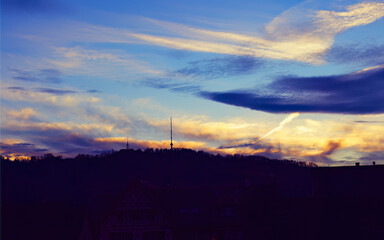 TV Tower on Uetliberg at dusk with clouds in Zurich, Switzerland