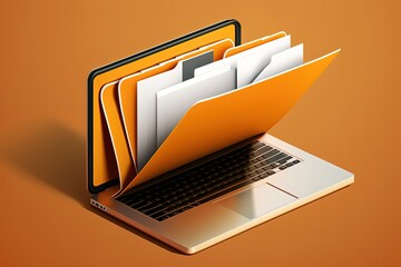 File folder on laptop screen, orange background. Generative AI