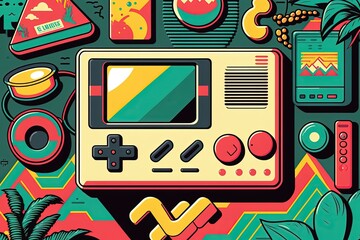 Background with objects and electronics from the 80s and 90s, retro. Generative AI