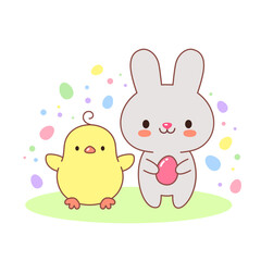 Obraz na płótnie Canvas Kawaii bunny and chick Easter logo. Happy Easter cute spring illustration. Egg hunt sign. Children Easter design with adorable rabbit and chick little bird. For Easter print, poster, sticker, etc.