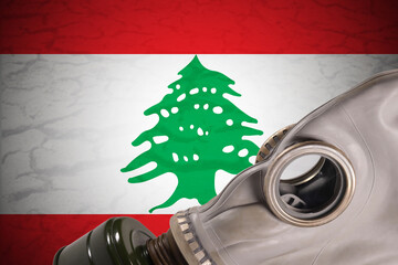 Gas mask on the background of the flag of Lebanon, air pollution concept, radiation waste, nuclear...