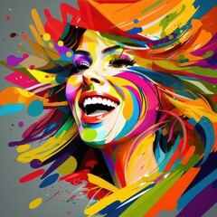Fototapeta na wymiar Multicolor face, woman, 25 years old, white, smiling, with multicolor background