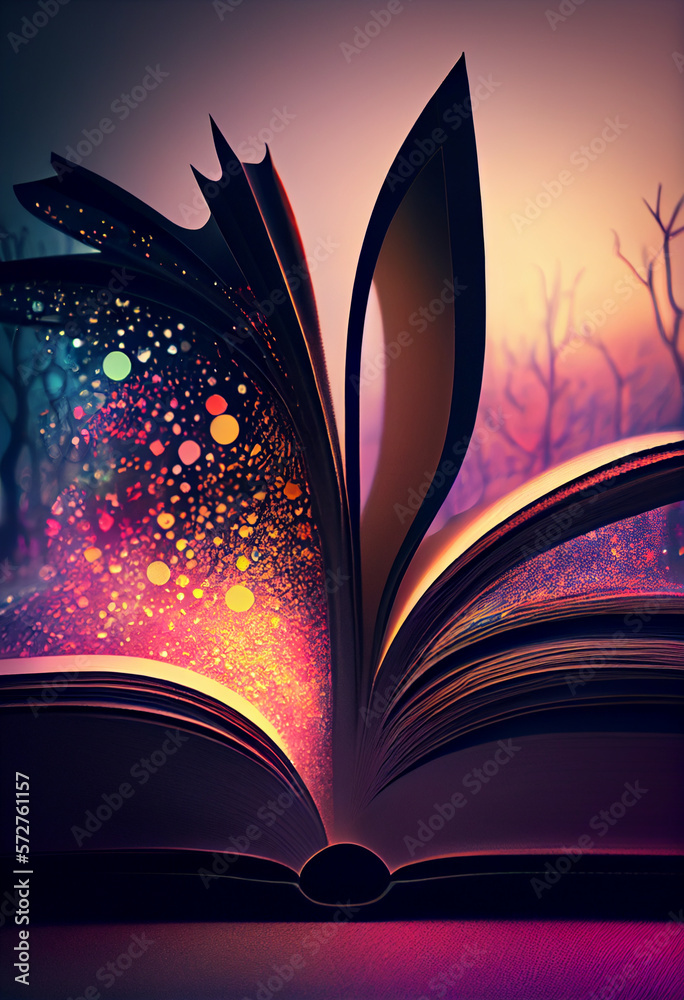 Poster  beautiful silhouette open book  on a bright bokeh background. 