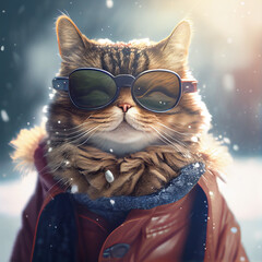 chic cat charisma wearing coat, wearing sunglasses, funny, fashion, pic as wallpaper, poster, t shirt and others