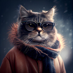 chic cat charisma wearing coat, wearing sunglasses, funny, fashion, pic as wallpaper, poster, t shirt and others
