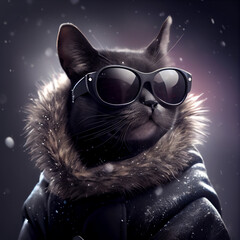 chic cat charisma wearing coat, wearing sunglasses, funny, fashion, pic as wallpaper, poster, t shirt and others
