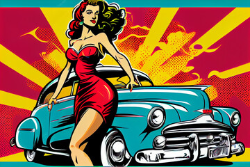 Portrait von sexy Pin-up Girl an einem Oldtimer im bunten Pop-Art Retro-Comic-Stil - Generative Ai