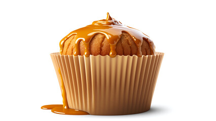 Muffin chocolate caramel cake close-up isolated on a white background