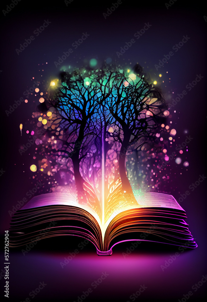 Poster beautiful silhouette open book on a bright bokeh background.