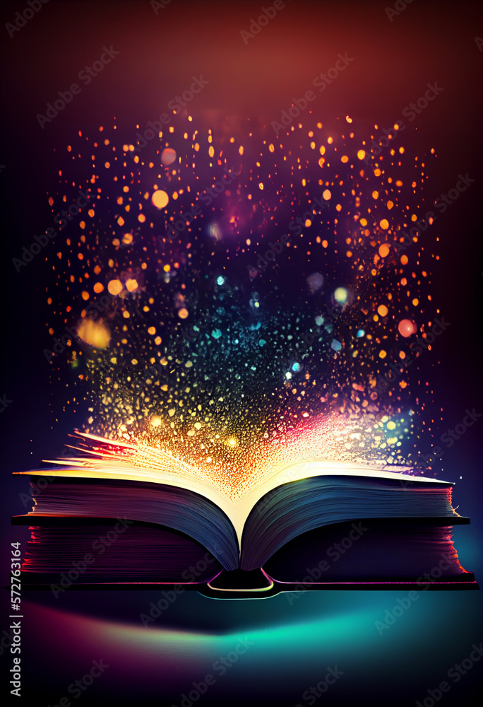 Poster  beautiful silhouette open book  on a bright bokeh background. 