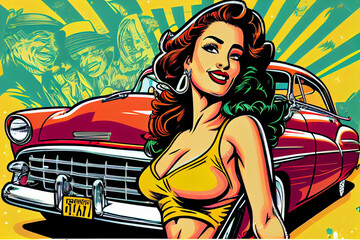 Portrait von sexy Pin-up Girl mit einem Oldtimer im bunten Pop-Art Retro-Comic-Stil - Generative Ai