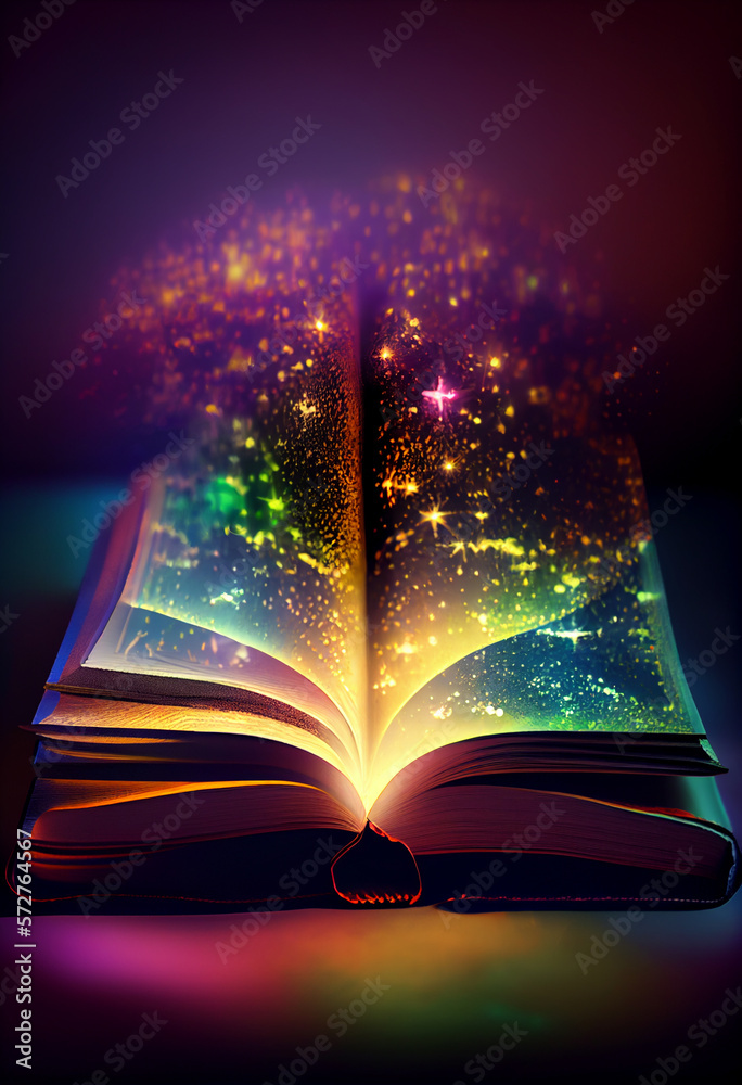 Poster  beautiful silhouette open book  on a bright bokeh background.  Generative AI technology.