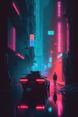 Cyberpunk style street in a dystopian city of the future. One single character silhouette. Generative AI