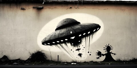 Obraz na płótnie Canvas UFO spaceship graffiti on the wall. Generative AI art.