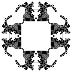 Geometrical ethnic square frame with ancient Mexican Aztec gods or goddesses. Codex illustration. Native American art. Black and white silhouette.