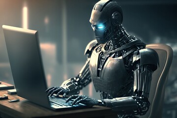 Obraz na płótnie Canvas cyborg robot typing on office computer, Generative AI