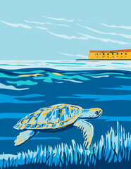 WPA poster art of a loggerhead sea turtle in Dry Tortugas National Park is in the Gulf of Mexico, west of Key West, Florida United States done in works project administration style. - 572765532