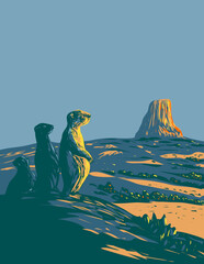 WPA poster art of a Prairie dog in Devils Tower National Monument in Bear Lodge Ranger District of Black Hills , northeastern Wyoming done in works project administration or federal art project style.