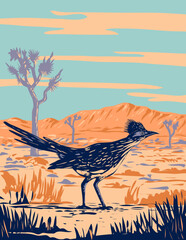 WPA poster art of a roadrunner, chaparral bird or chaparral cock in Joshua Tree National Park located in Mojave Desert, California done in works project administration or federal art project style. - 572765549