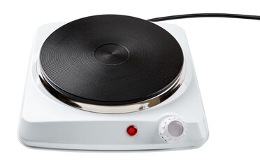 Fototapeta premium Single burner hot plate for cooking cutout. Portable cooktop isolated on a white background. Compact electric stove with temperature control knob. Electrical appliances concept.