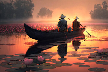 two asian persons on their boat , wonderful lilies flowers lake on sunset , generated with an IA technology 
