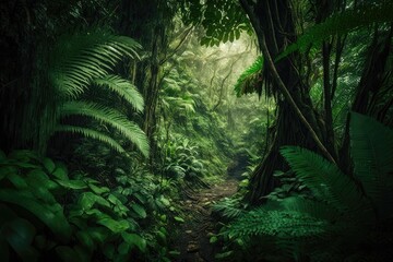 Dense rainforest with lush green foliage. Generative AI - obrazy, fototapety, plakaty