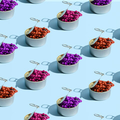 Gourmet canned food idea, creative aesthetic pattern, pastel blue background. 