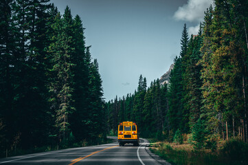 Yellow school bus on a road in the Canadian Rocky Mountains, with green trees and mountains in the...