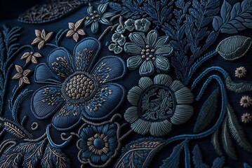 Embroidery floral abstract fantasy design luxury denim blue jeans country fabric art background,genertive ai.