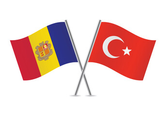 Andorra and Turkey crossed flags. Andorran and Turkish flags, isolated on white background. Vector icon set. Vector illustration.