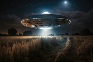 UFO and Alien Concept. The UFO's metallic surface gleamed in the moonlight as it hovered silently above the field. Generative AI