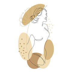 Silhouettes of the figure of a girl and a leaf of a plant in a modern one-line style. Solid line, aesthetic outline for home decor, posters, stickers, logo. Vector illustration.